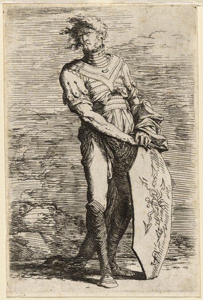 Ein stehender Krieger, der einen verlängerten achteckigen Schild hält, ca. 1656-57 von Salvator Rosa